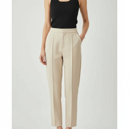 Pantalon Beige Élégant Plissé Taille Haute Femme - Gabardine