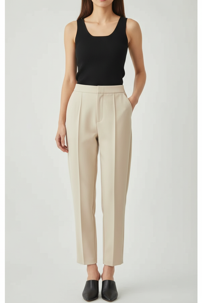 Pantalon Beige Élégant Plissé Taille Haute Femme - Gabardine