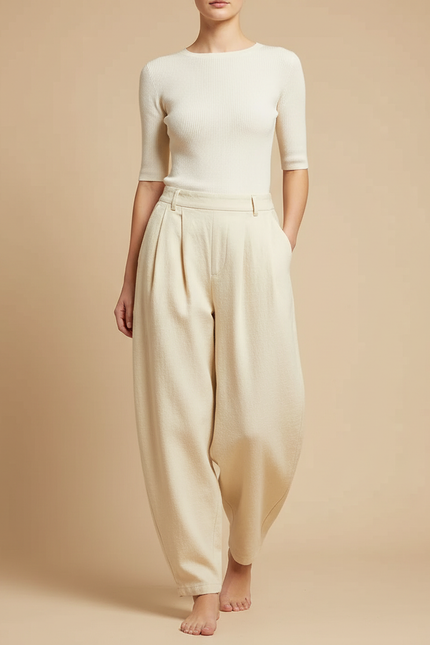Pantalon Beige Ample Plissé Harem Laine Épais