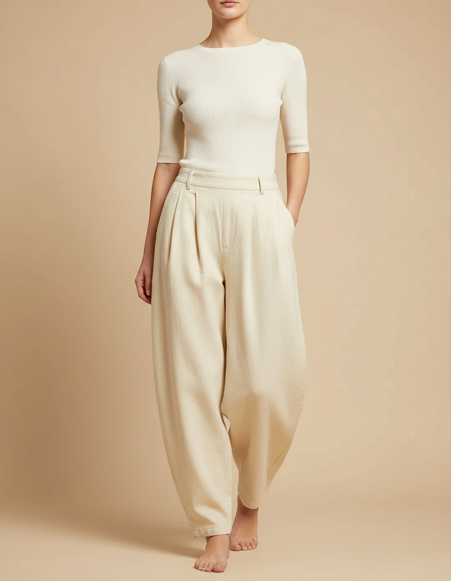 Pantalon Beige Ample Plissé Harem Laine Épais