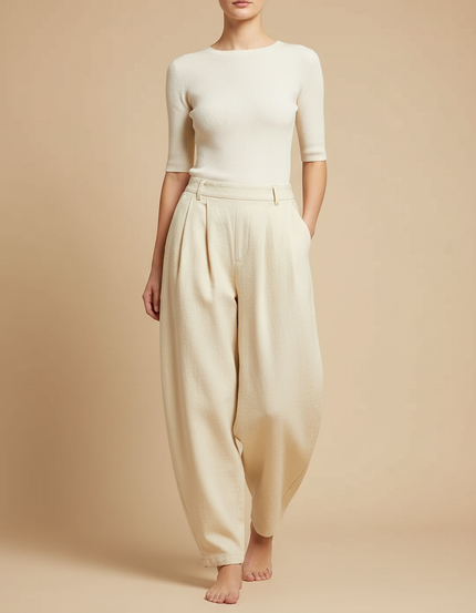 Pantalon Beige Ample Plissé Harem Laine Épais