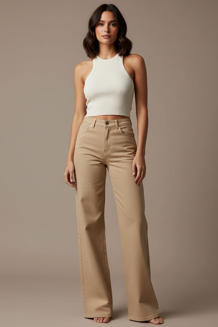 Pantalon Beige Droit Taille Haute Ample Femme - Jean