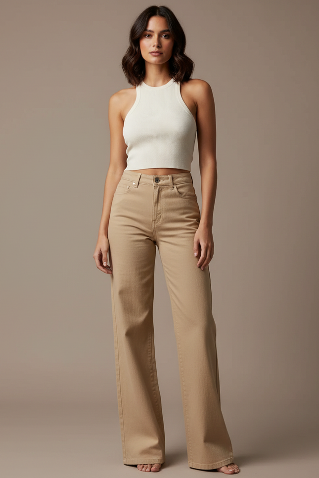 Pantalon Beige Droit Taille Haute Ample Femme - Jean