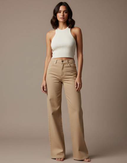 Pantalon Beige Droit Taille Haute Ample Femme - Jean