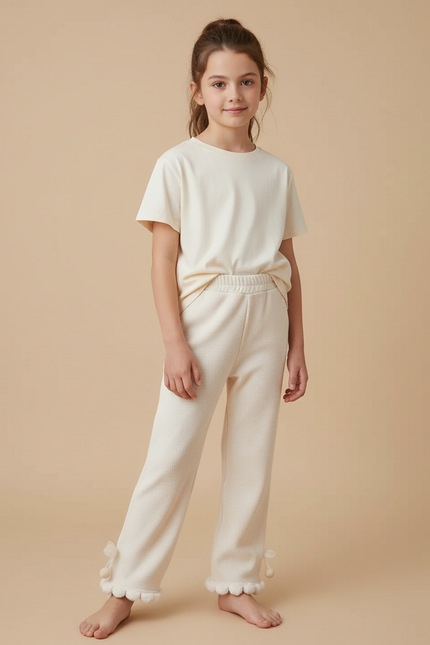 Pantalon Beige Côtelé Pompons Volants Mignon Enfant - Cordé