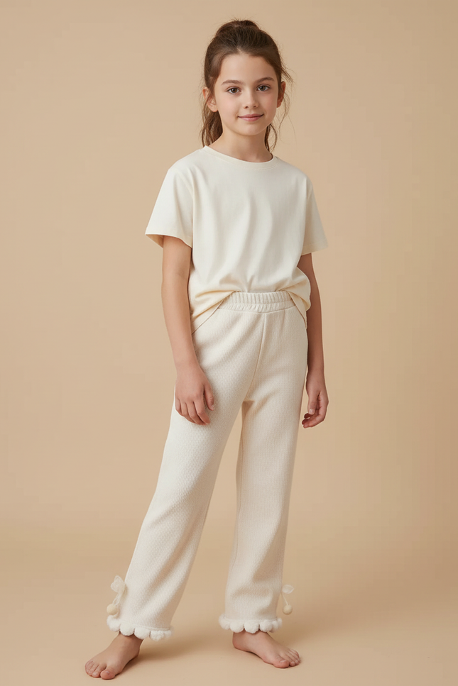 Pantalon Beige Côtelé Pompons Volants Mignon Enfant - Cordé