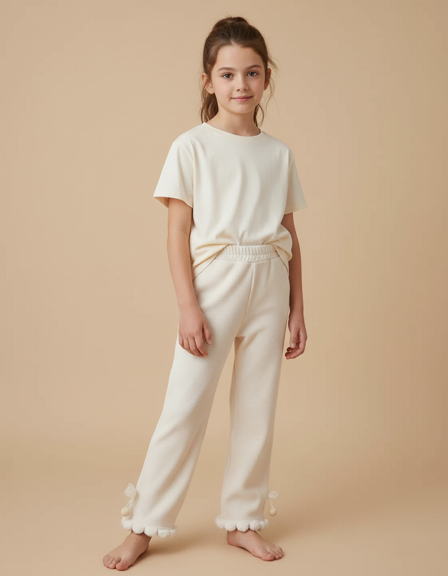 Pantalon Beige Côtelé Pompons Volants Mignon Enfant - Cordé