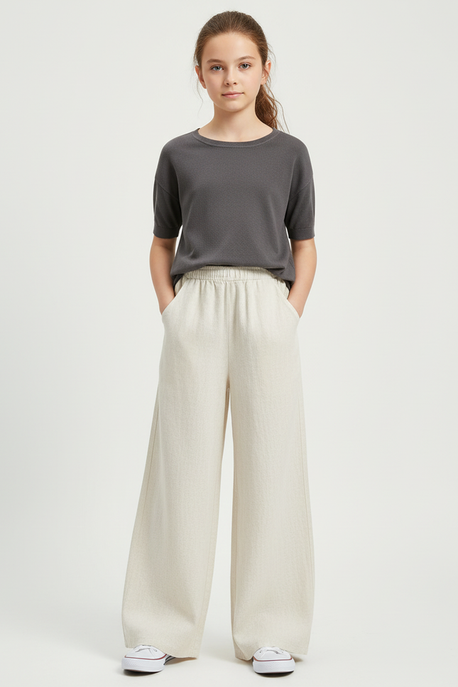 Pantalon Beige Ample Fluide Élastique Enfant - Lin