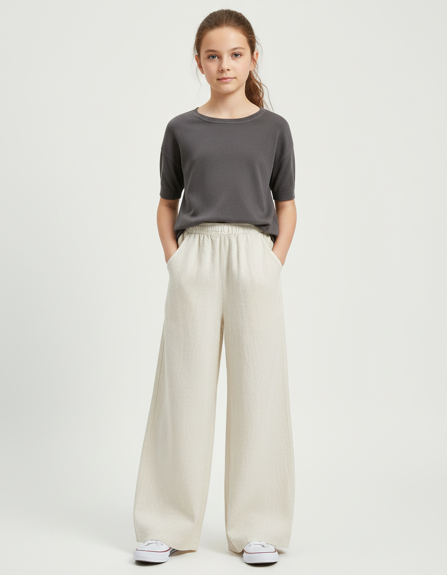 Pantalon Beige Ample Fluide Élastique Enfant - Lin