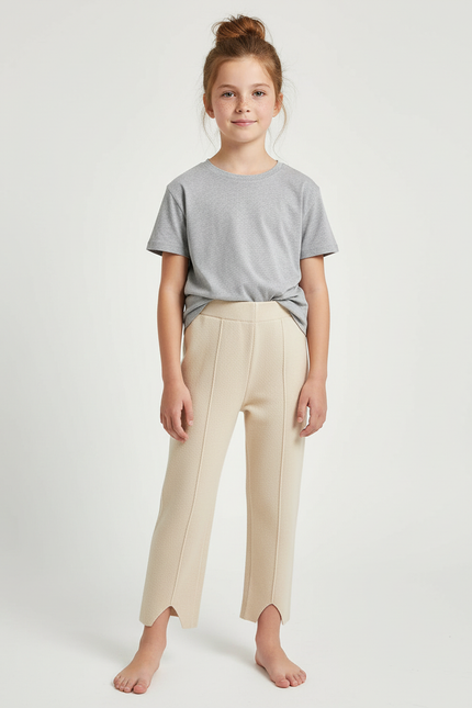 Pantalon Beige Tricoté Droit Fendu Confortable - Maille