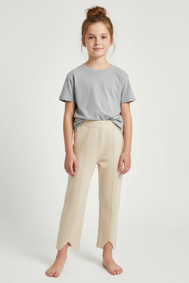 Pantalon Beige Tricoté Droit Fendu Confortable - Maille