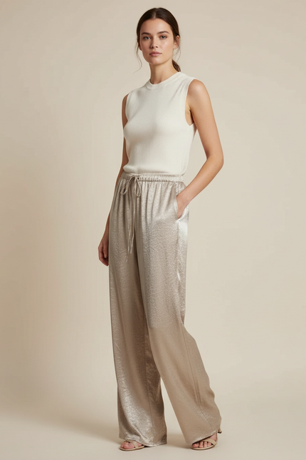 Pantalon Beige Satiné Large Fluide Élégant Femme