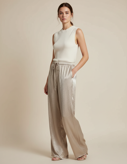 Pantalon Beige Satiné Large Fluide Élégant Femme