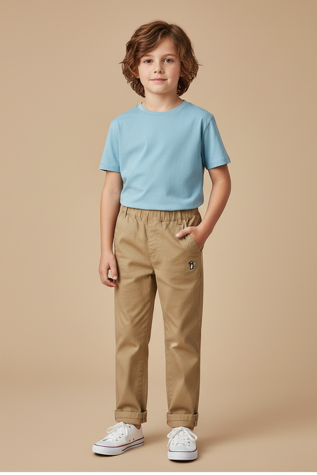 Pantalon Beige Coton Décontracté Enfant Brodé - Gabardine