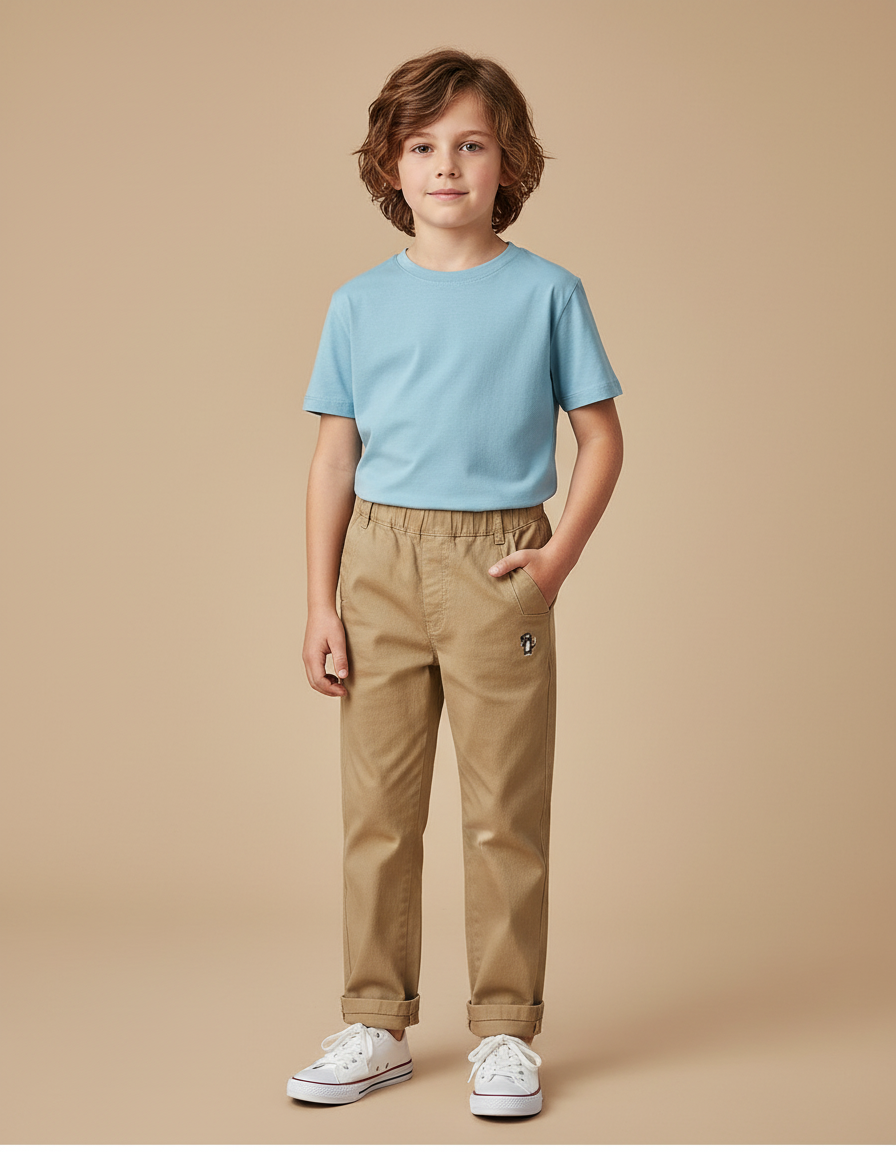Pantalon Beige Coton Décontracté Enfant Brodé - Gabardine