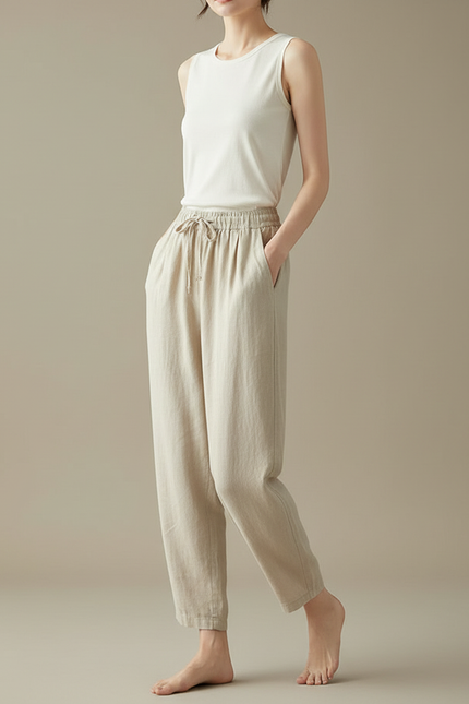 Pantalon Beige Ample Coton Lin Décontracté Femme