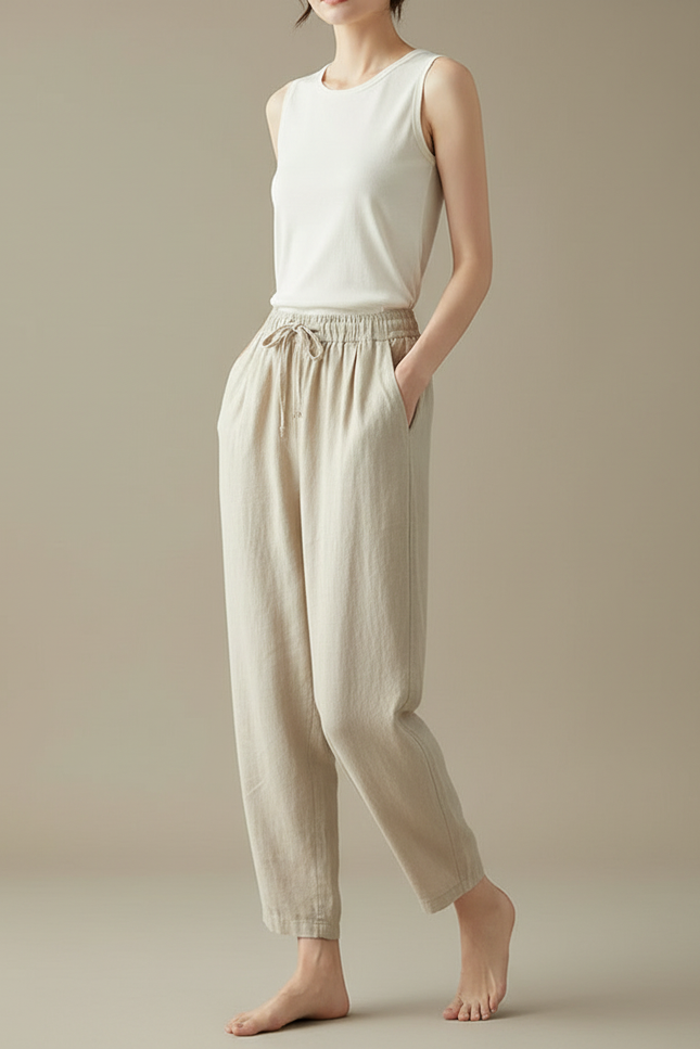 Pantalon Beige Ample Coton Lin Décontracté Femme