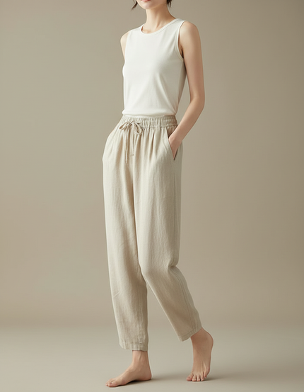 Pantalon Beige Ample Coton Lin Décontracté Femme