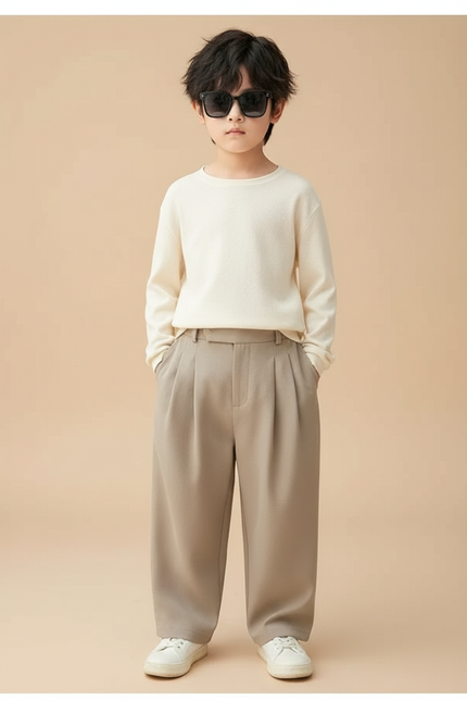 Pantalon Beige Plissé Ample Droit Élégant Enfant - Gabardine