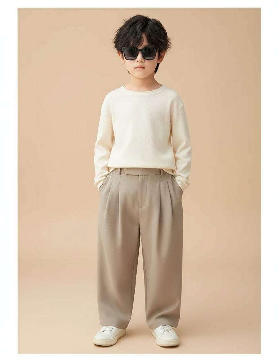 Pantalon Beige Plissé Ample Droit Élégant Enfant - Gabardine