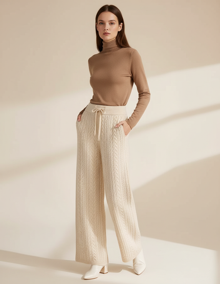 Pantalon Beige Femme Tricoté Câble Ample Confortable Laine