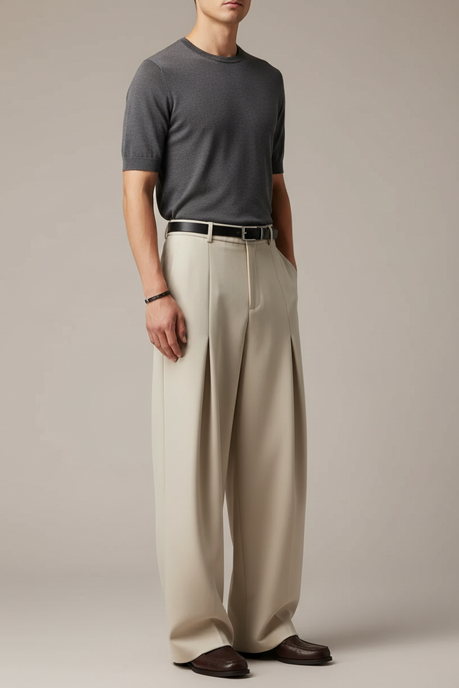 Pantalon Beige Plissé Ample Large Élégant Homme - Gabardine
