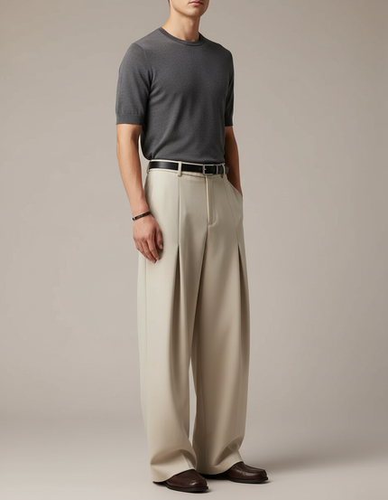 Pantalon Beige Plissé Ample Large Élégant Homme - Gabardine