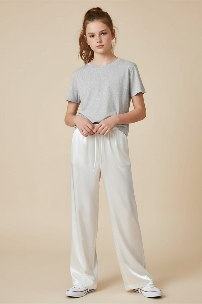 Pantalon Beige Satiné Ample Fluide Décontracté - Blanc