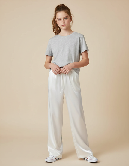 Pantalon Beige Satiné Ample Fluide Décontracté - Blanc