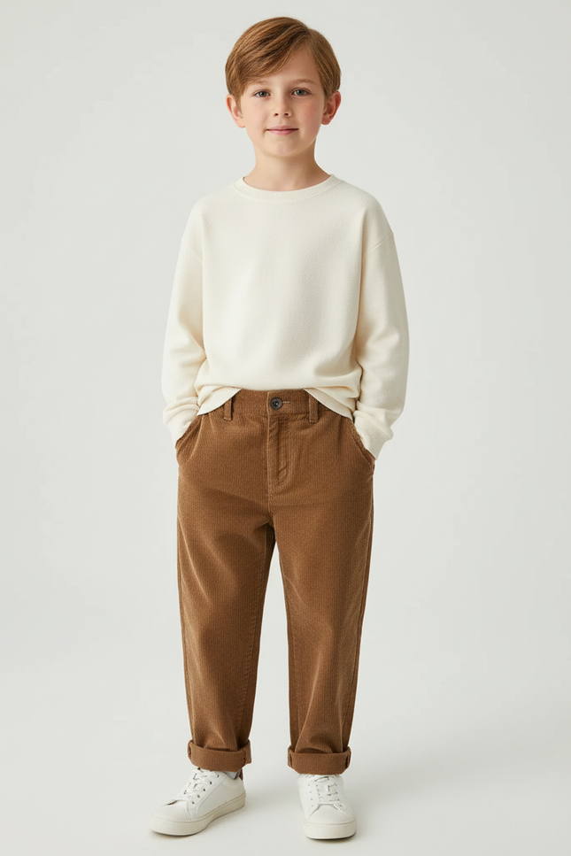 Pantalon Beige Côtelé Ample Décontracté Garçon - Marron Cordé