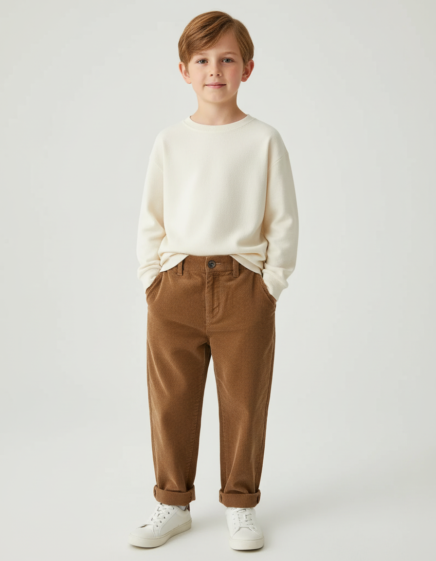 Pantalon Beige Côtelé Ample Décontracté Garçon - Marron Cordé