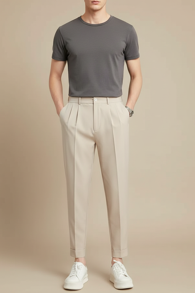 Pantalon Beige Plissé Harem Décontracté Élégant Homme - Gabardine