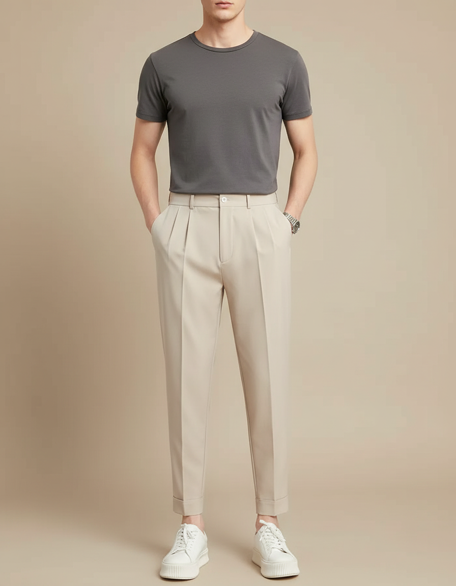 Pantalon Beige Plissé Harem Décontracté Élégant Homme - Gabardine