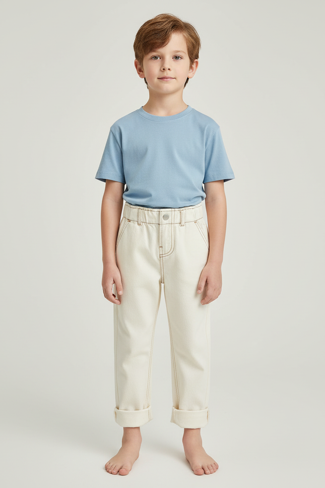 Pantalon Beige Enfant Ample Coton Décontracté Uni - Jean
