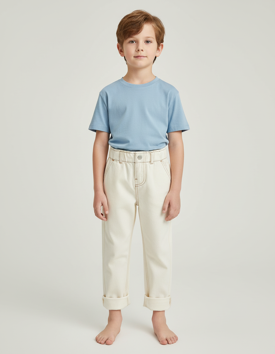 Pantalon Beige Enfant Ample Coton Décontracté Uni - Jean