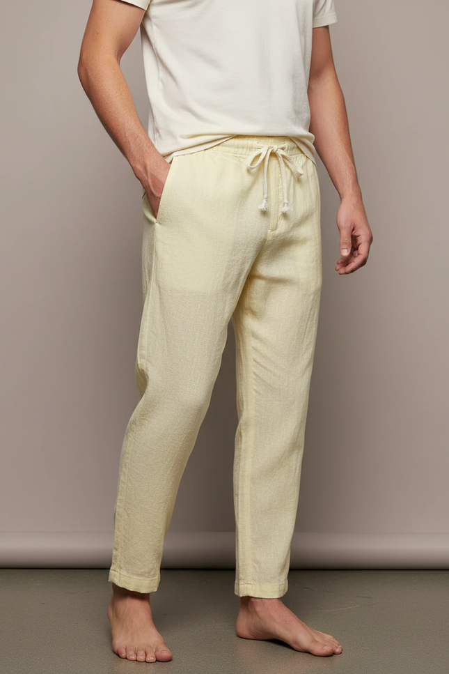Pantalon Beige Lin Décontracté Cordon Homme Léger - Jaune