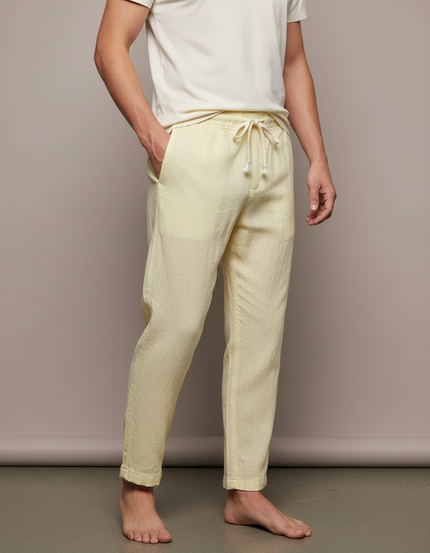 Pantalon Beige Lin Décontracté Cordon Homme Léger - Jaune