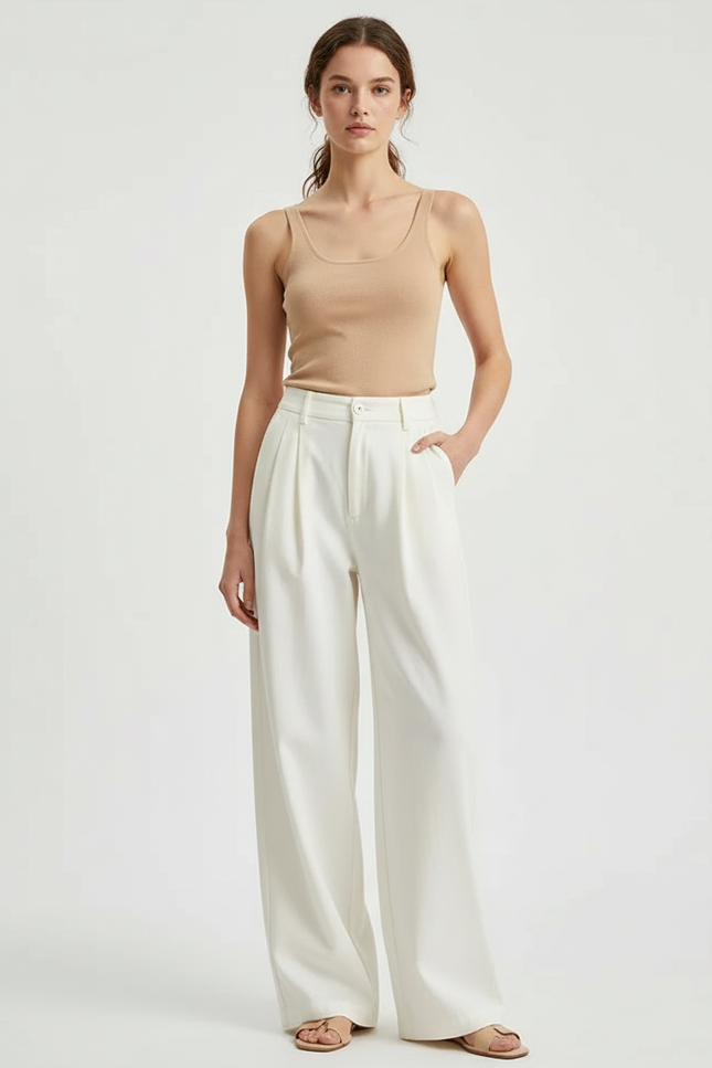 Pantalon Beige Fluide Ample Plissé Élégant - Blanc Polyester