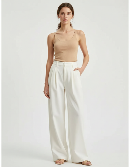 Pantalon Beige Fluide Ample Plissé Élégant - Blanc Polyester
