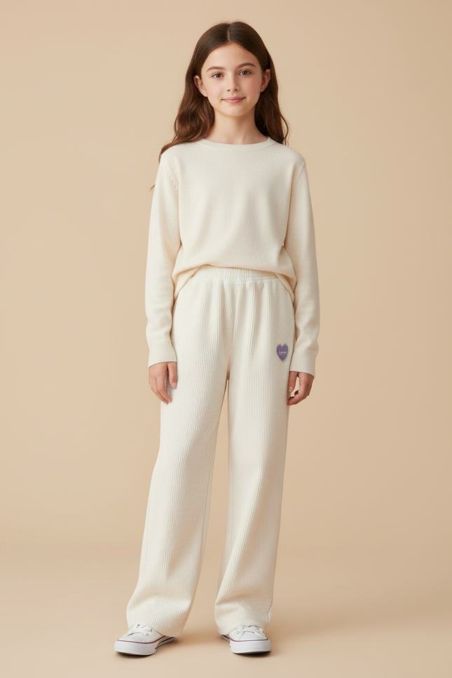 Pantalon Beige Côtelé Ample Décontracté Fille Coeur - Cordé