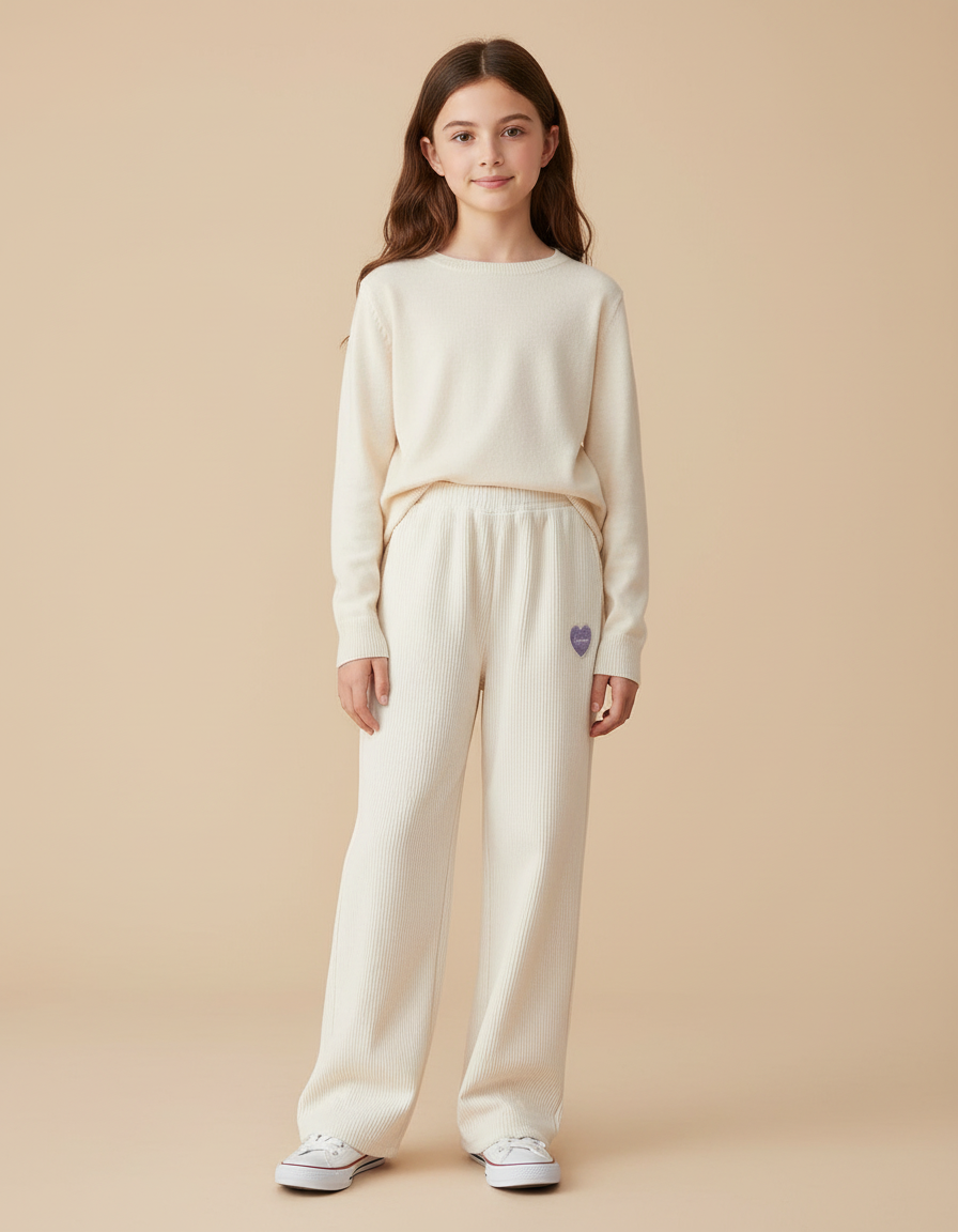Pantalon Beige Côtelé Ample Décontracté Fille Coeur - Cordé