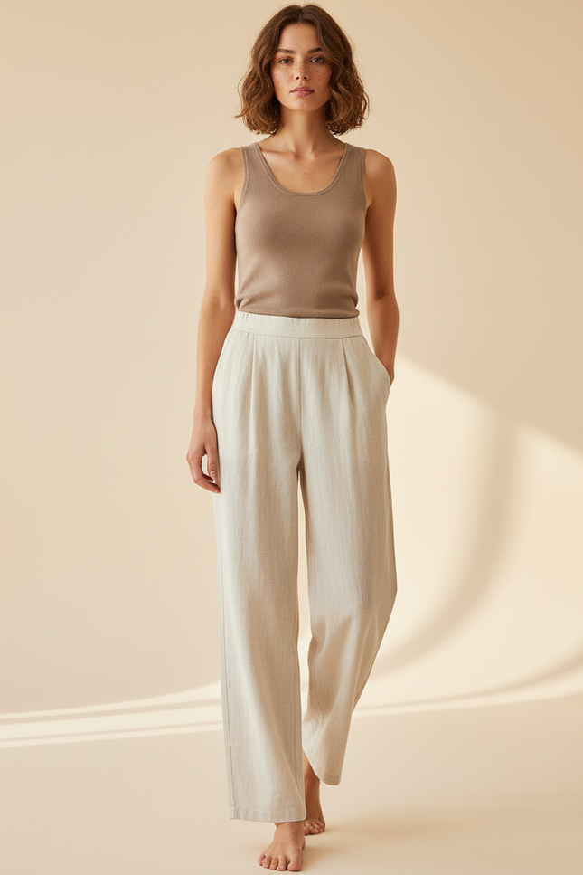Pantalon Beige Large Fluide Plissé Lin Décontracté Femme