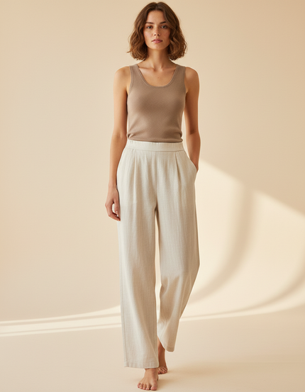 Pantalon Beige Large Fluide Plissé Lin Décontracté Femme