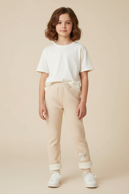 Pantalon Beige Côtelé Brodé Molletonné Enfant Hiver - Cordé