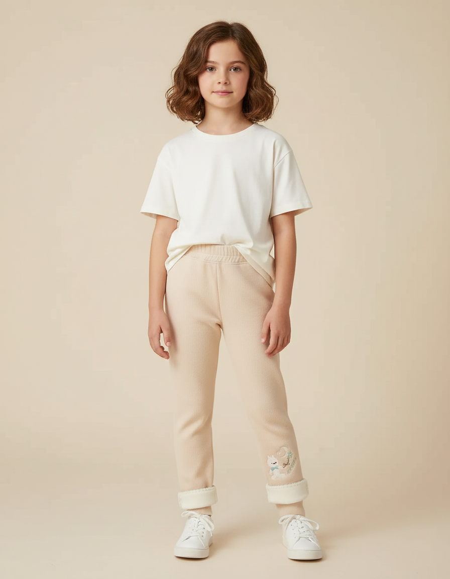 Pantalon Beige Côtelé Brodé Molletonné Enfant Hiver - Cordé