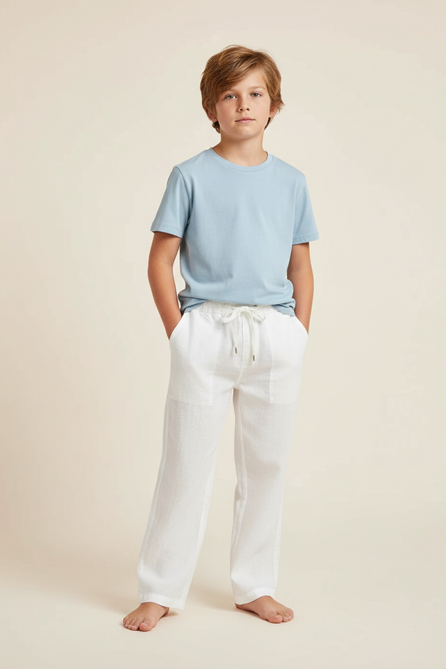 Pantalon Beige Lin Ample Cordon Décontracté Enfant - Blanc