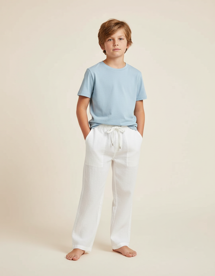 Pantalon Beige Lin Ample Cordon Décontracté Enfant - Blanc