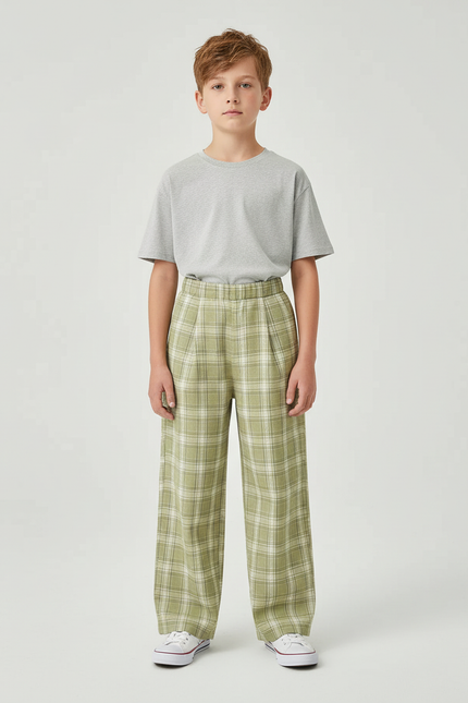 Pantalon Beige Ample Carreaux Verts Enfant Décontracté - Coton