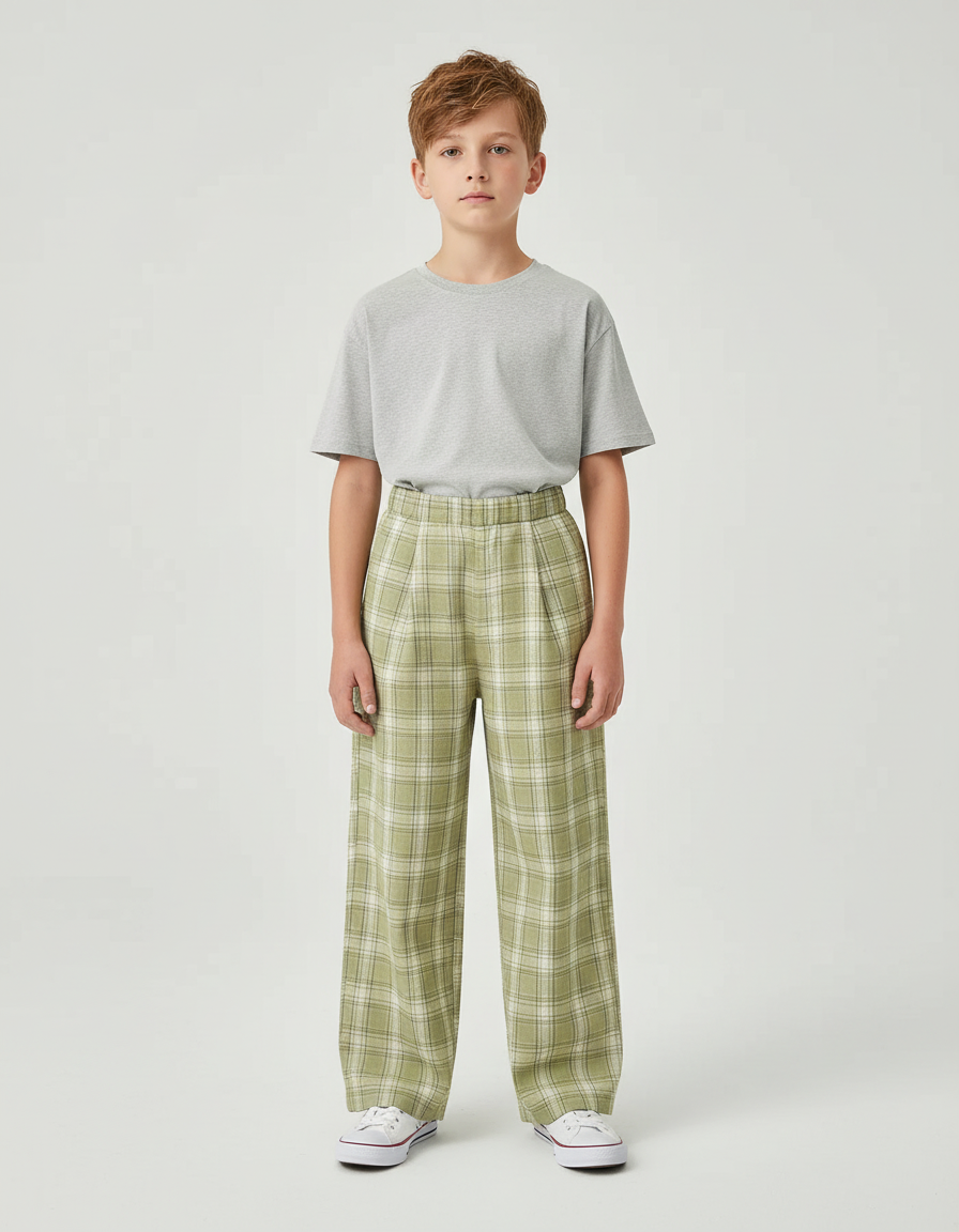 Pantalon Beige Ample Carreaux Verts Enfant Décontracté - Coton