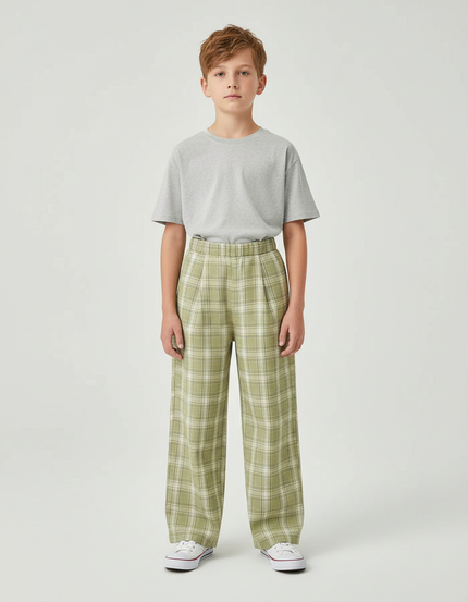 Pantalon Beige Ample Carreaux Verts Enfant Décontracté - Coton